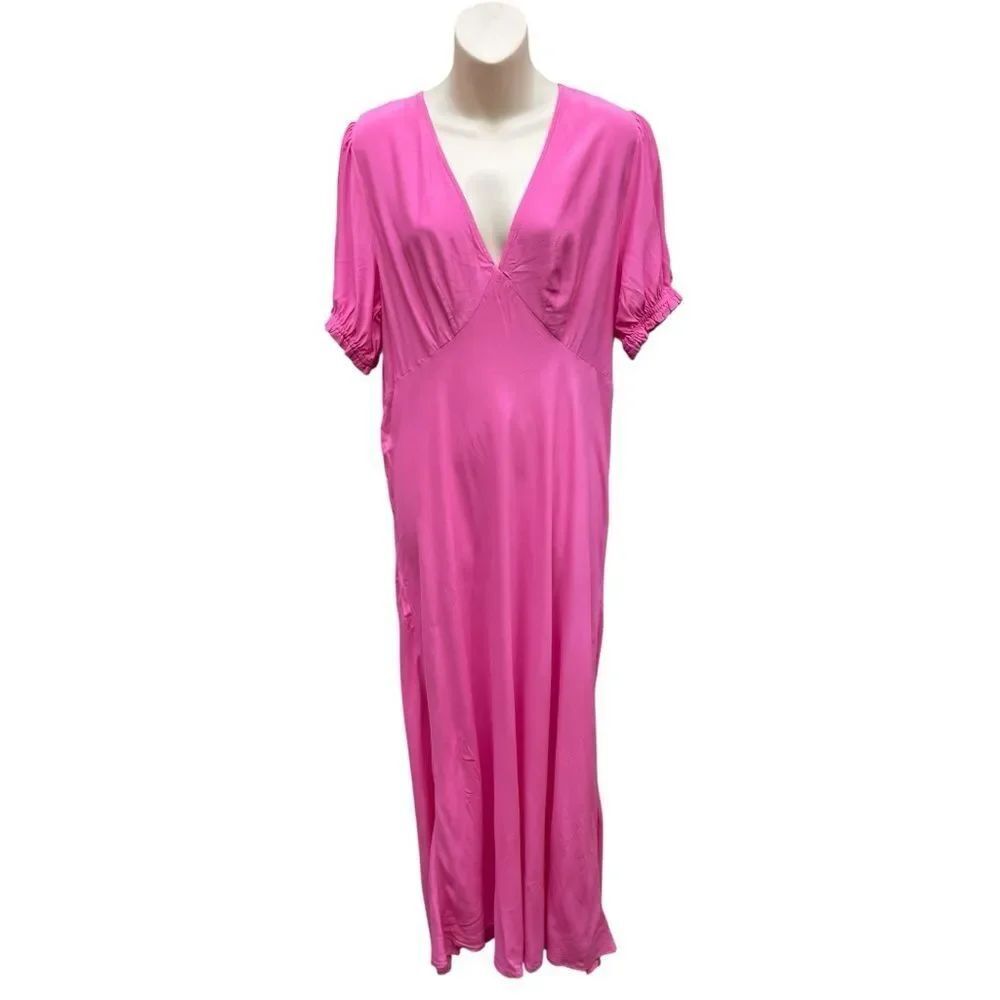 A New Day Hot Pink Maxi Dress Size L V-Neck Short Sleeve